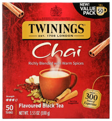 Twinings box front view showing chai bags and brand, ensures fresh convenience