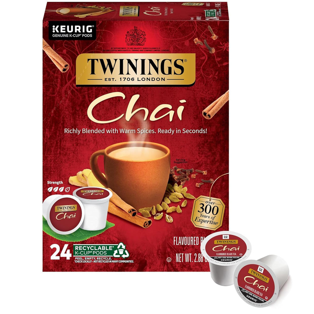 Twinings front box of chai K-Cup pods showing branding and count, convenient supply
