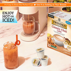 Twinings brewed chai latte in a mug with frothy top showing creamy spiced flavor