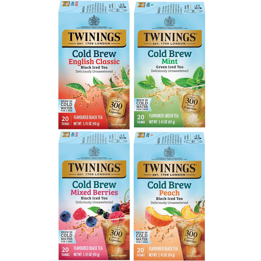 Twinings front packaging showing the cold brew variety sampler and quick convenience