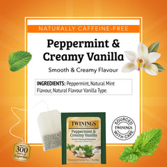 Steaming cup of Twinings Peppermint & Creamy Vanilla showing soothing hot beverage enjoyment