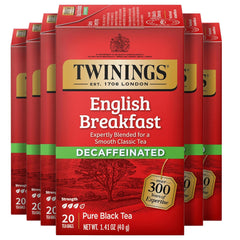 Twinings decaffeinated English Breakfast front box showing packaging and quantity