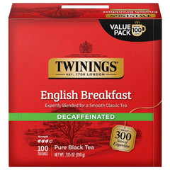 Twinings decaffeinated English Breakfast front box showing packaging and count, signals value