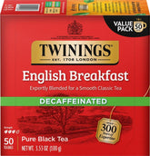 Twinings front packaging showing decaf English Breakfast, clear labeling and freshness