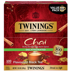 Twinings front box showing 100-count decaffeinated chai, clear branding and benefits