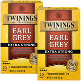 Twinings front packaging showing bold Earl Grey Extra Strong branding and benefits