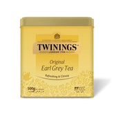 Twinings tin front view showing branding and bergamot, highlights freshness