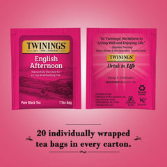 Twinings open box with individually wrapped bags, preserves freshness