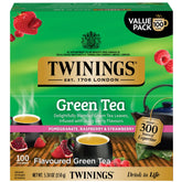 Twinings front packaging showing green pomegranate raspberry strawberry tea for easy selection