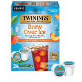 Twinings front packaging showing peach iced tea K-Cups and clear contents benefit convenience