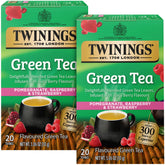 Twinings front packaging showing pomegranate raspberry strawberry flavors and convenience
