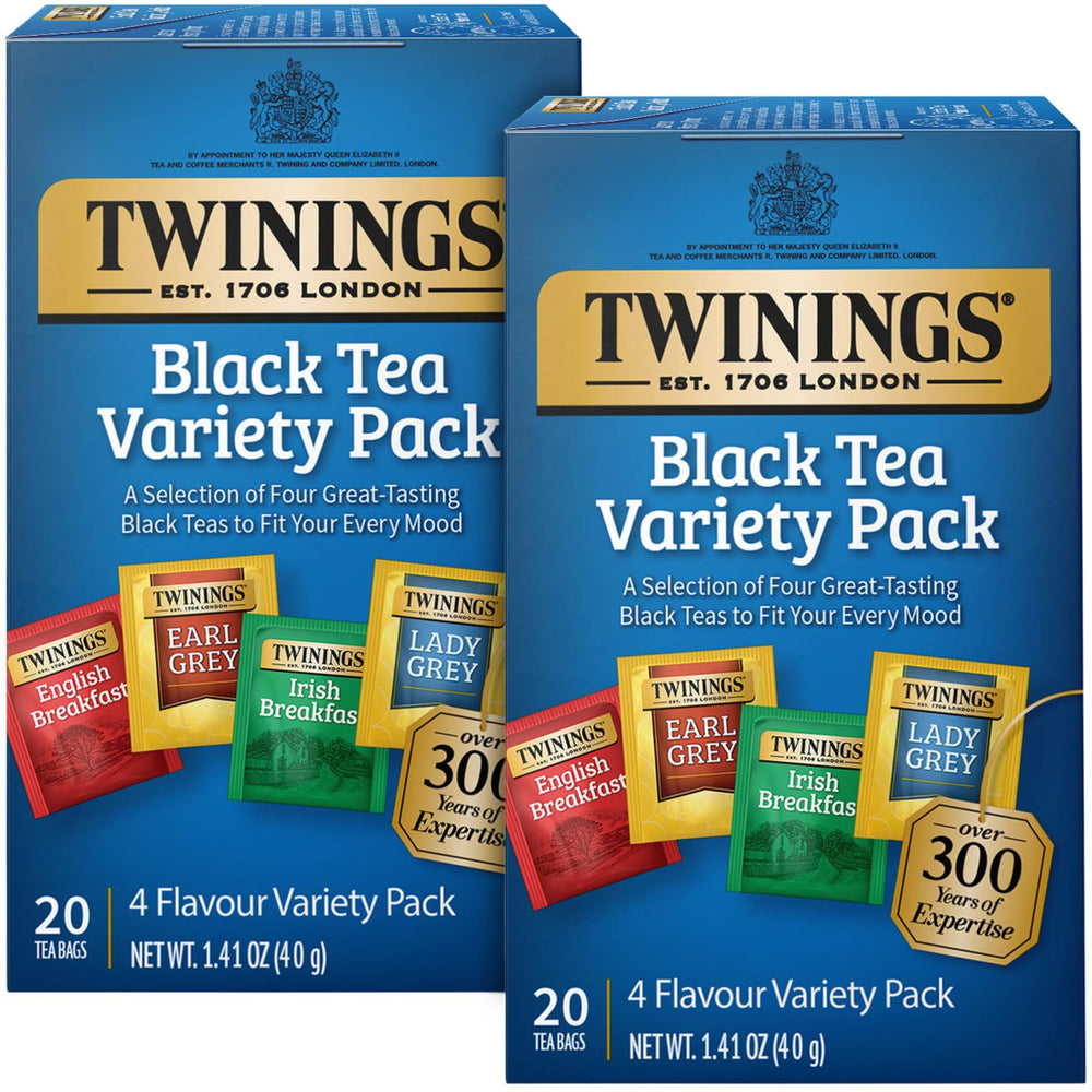 Twinings front packaging two-boxes showing variety and portability benefit