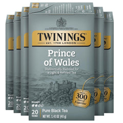 Twinings front packaging showing six 20-count boxes and convenient bulk supply