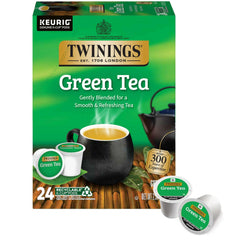 Twinings box front showing 24 green tea K-Cup pods and convenient packaging benefit