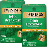 Twinings box front showing decaf Irish Breakfast tea, robust flavor preserved