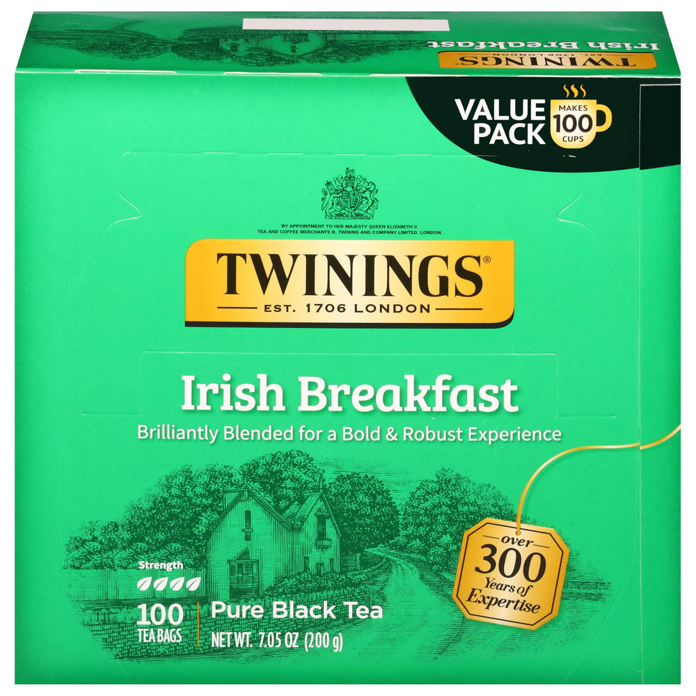 Twinings front packaging showing bold Irish Breakfast branding and benefits