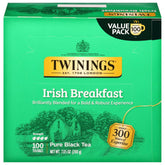 Twinings front packaging showing bold Irish Breakfast branding and benefits