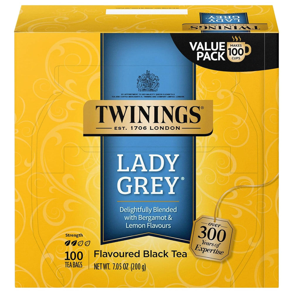 Twinings Lady Grey front box showing 100 tea bags and citrus branding for convenience