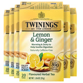 Twinings front packaging showing lemon and ginger, vibrant convenience for pantry