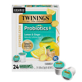 Twinings front packaging showing lemon ginger probiotic tea benefits