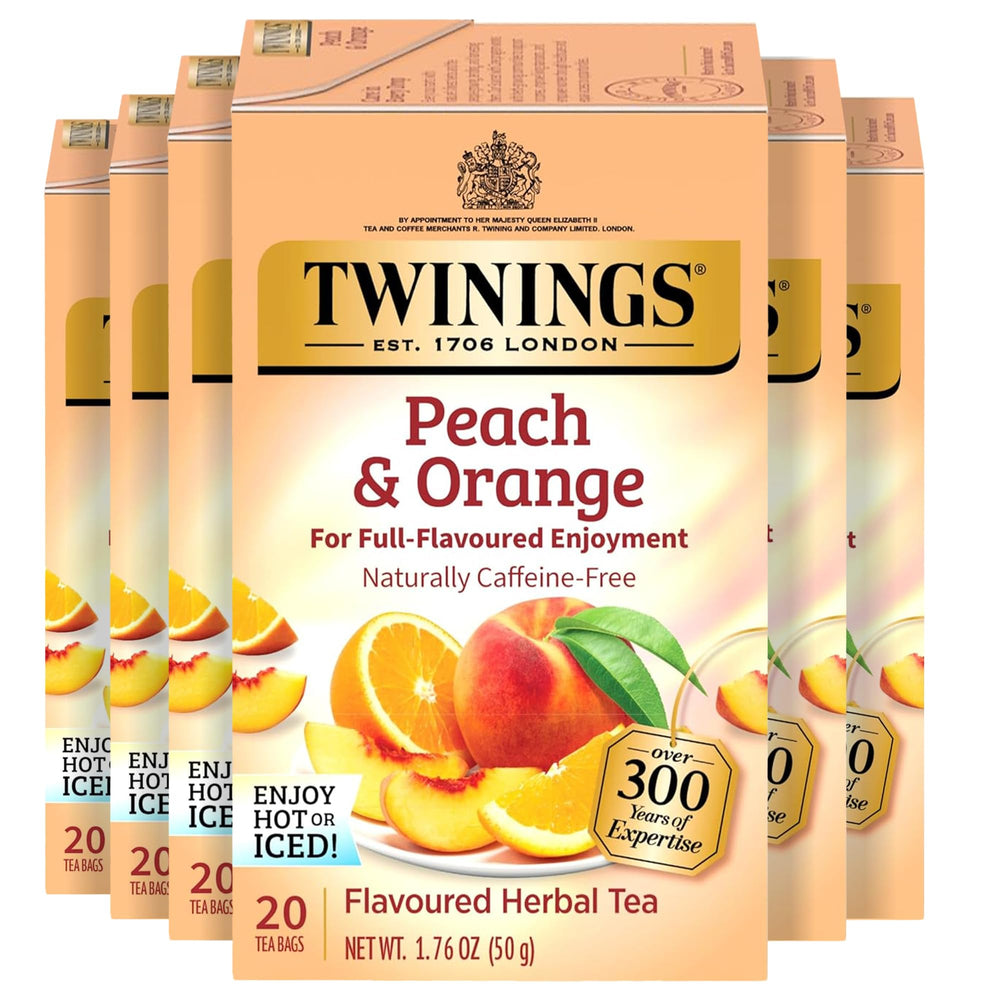 Twinings front box display showing six peach and orange tea boxes for easy storage and gifting