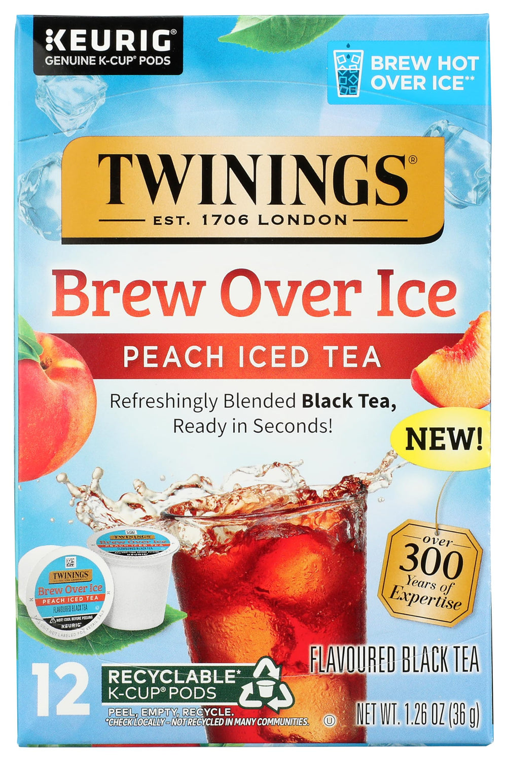 Twinings peach K-Cup front packaging showing pods and convenience for iced tea