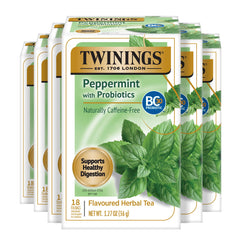 Twinings front packaging showing pack of 6 boxes and product benefits
