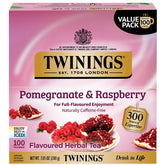 Twinings box front showing pomegranate and raspberry fruits and benefits