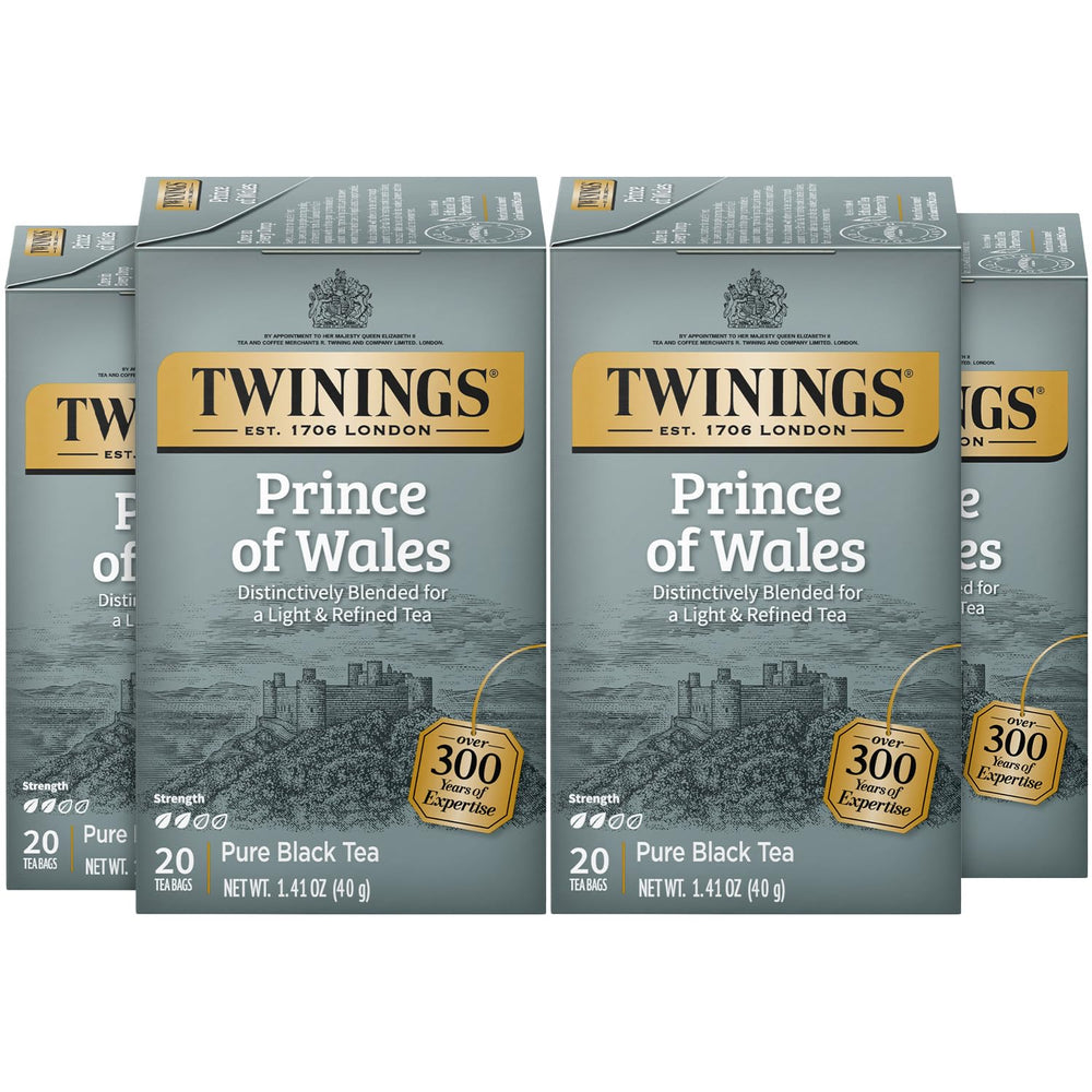 Twinings box front showing Prince of Wales branding and serving suggestion benefits