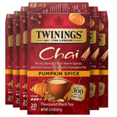 Twinings front packaging showing Pumpkin Spice Chai benefits and brand