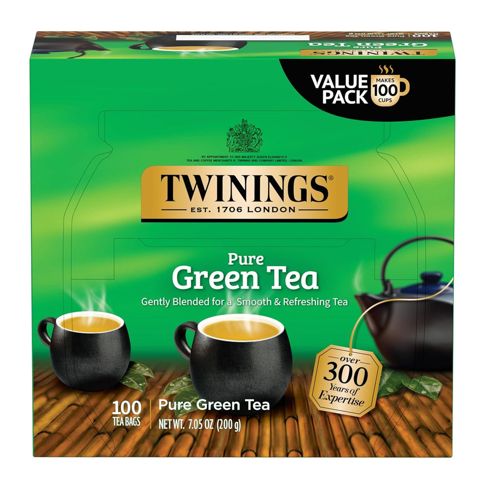 Twinings front box showing Pure Green Tea packaging and convenience