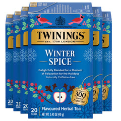 Twinings front packaging showing Winter Spice Camomile Apple and benefits of warmth