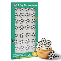 Twisweet front packaging showing 32 soccer ball edible toppers and clear container benefit