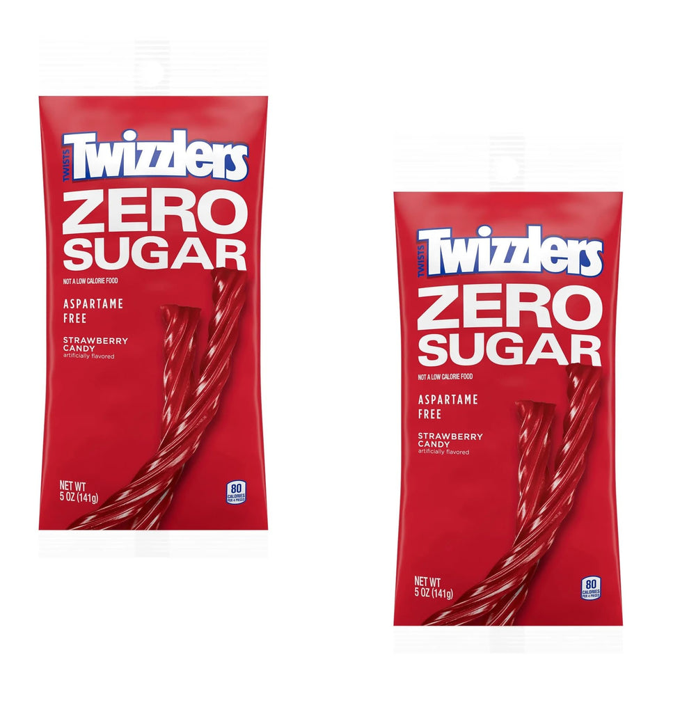 Twizzlers Zero Sugar front packaging showing resealable two-pack, convenient for travel