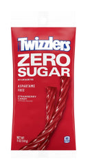 Close-up of Twizzlers Zero Sugar twists texture and strawberry color, highlighting chewiness