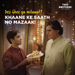 Two Brothers India Farms pouring ghee into a hot pan for high-heat cooking