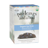 Two Leaves and a Bud front box showing organic Earl Grey, clear labeling and benefit of whole-leaf quality