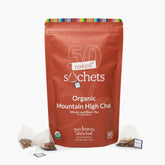 Two Leaves and a Bud front packaging showing 50-count chai benefits