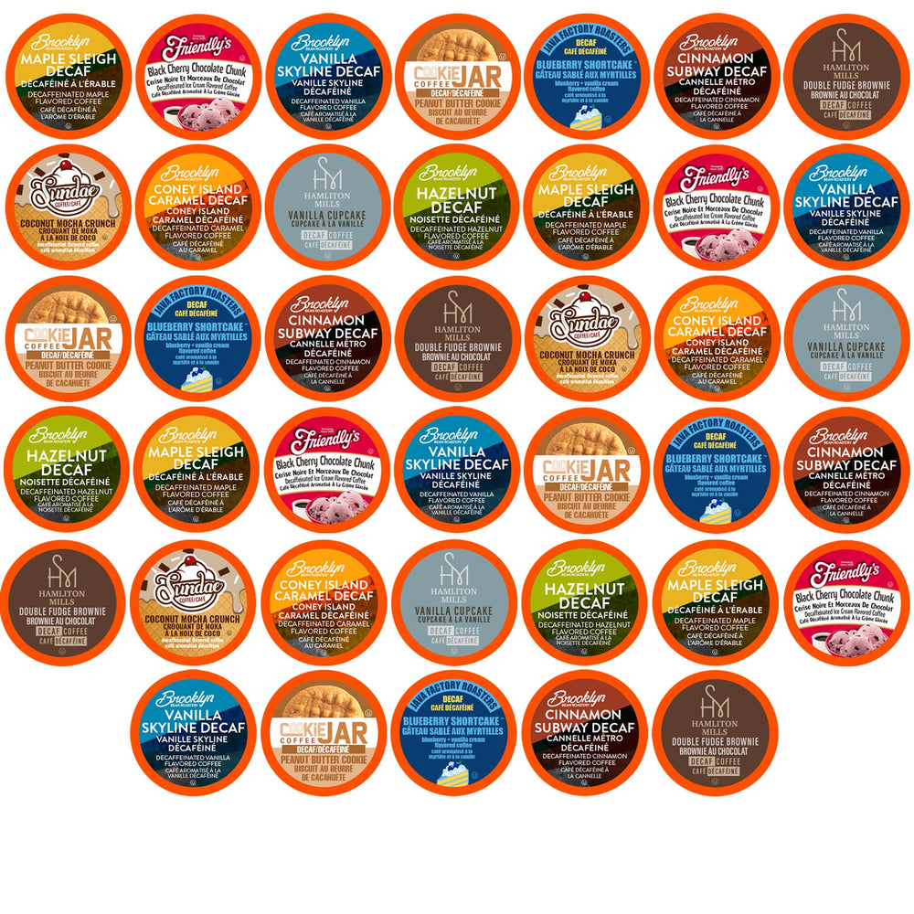 Two Rivers Coffee front packaging showing 40-count decaf variety, convenient sampling