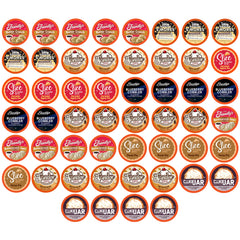 Two Rivers Coffee front packaging showing the 52-count assortment and variety benefits