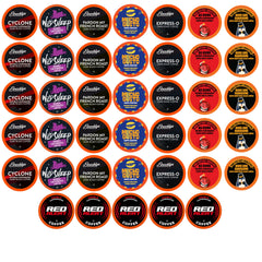 Two Rivers Coffee front packaging showing 40-count variety pack and branding benefit