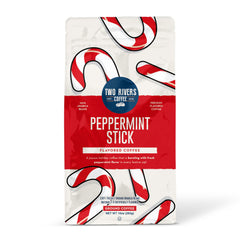 Two Rivers front packaging showing peppermint stick bag and freshness seal