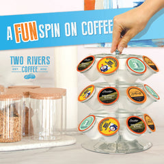 Two Rivers Coffee pod top-closeup emphasizing label and easy-use peel lid, clear identification