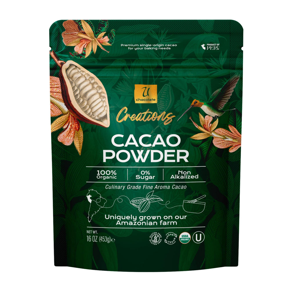 U Chocolate front packaging showing organic single-origin cacao and freshness benefit