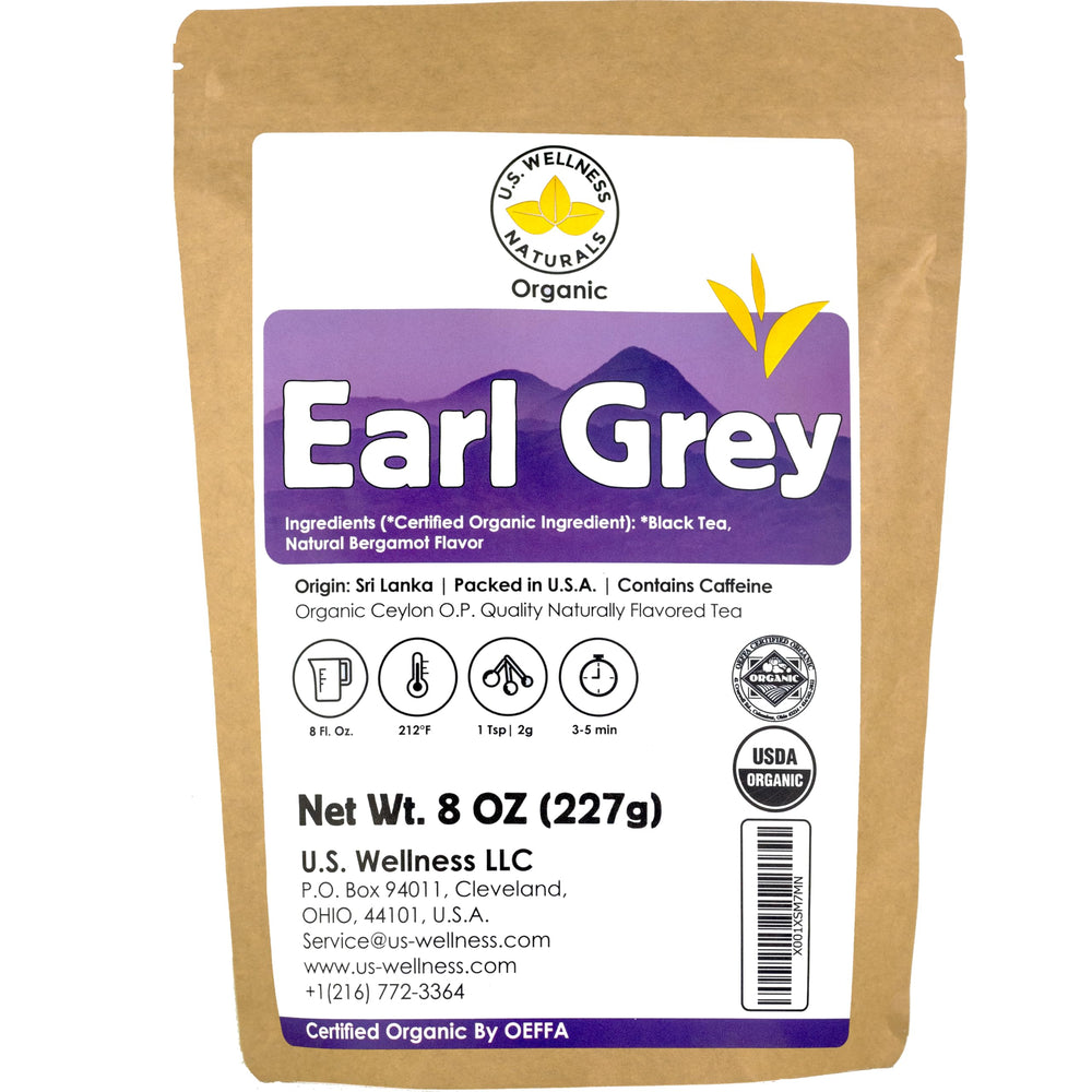 U.S. Wellness Naturals front packaging showing organic Earl Grey and serving info