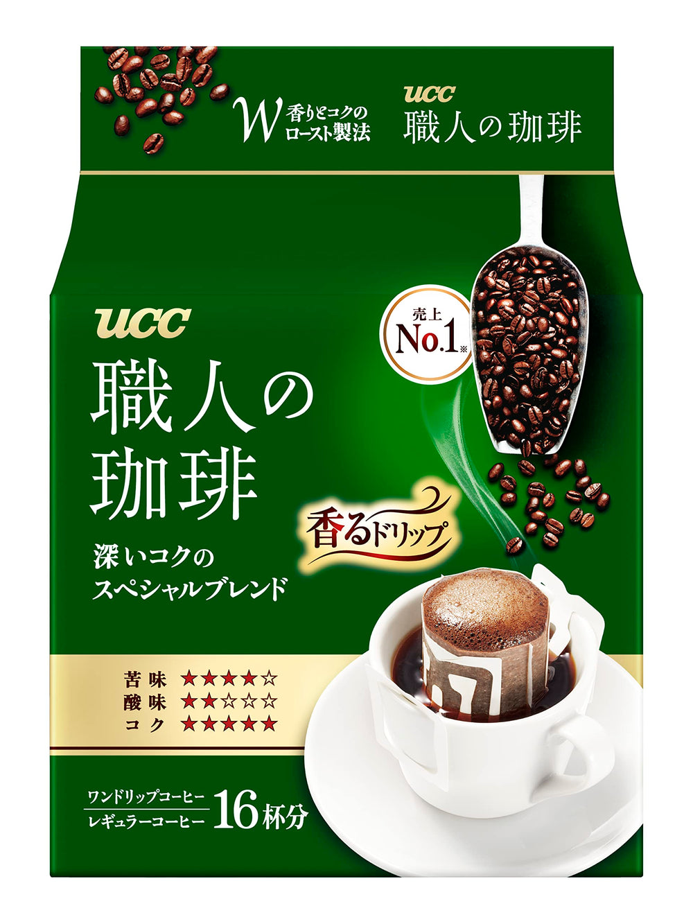 UCC Shokunin front packaging showing 16 single-serve bags and product details for convenience