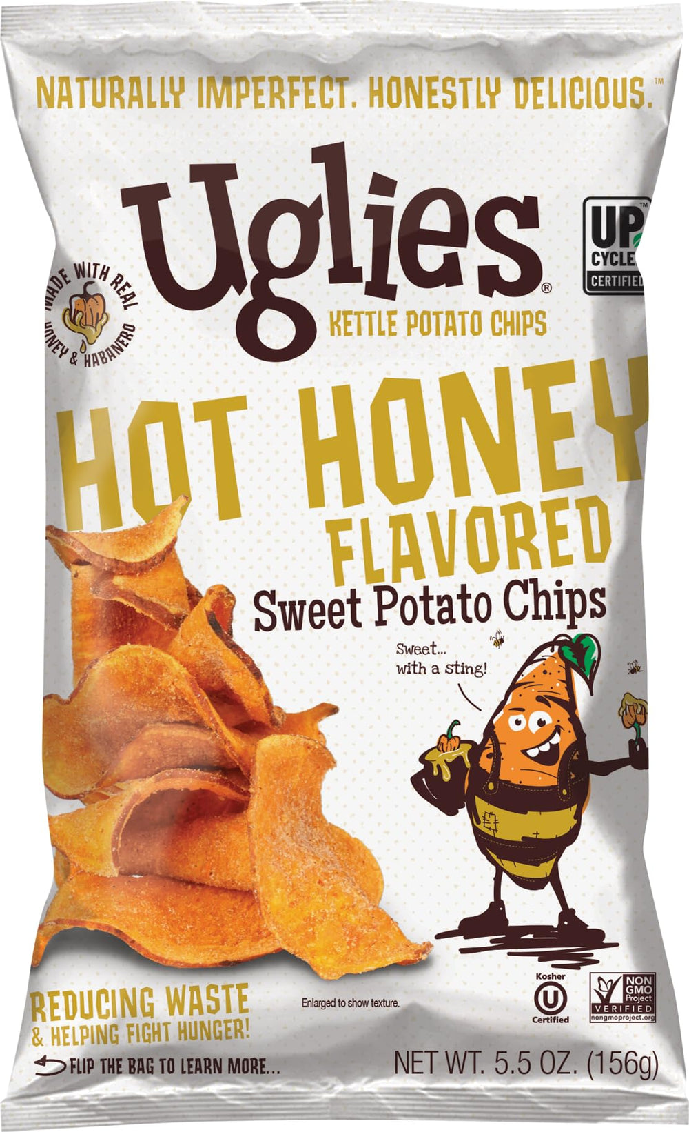 Uglies front packaging showing hot honey sweet potato chips and bold branding benefit: visible flavor callout