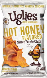 Uglies front packaging showing hot honey sweet potato chips and bold branding benefit: visible flavor callout