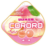 UHA CORORO pouch front view showing peach design and resealable benefit