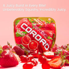 UHA CORORO single strawberry gummy close-up highlighting juicy interior